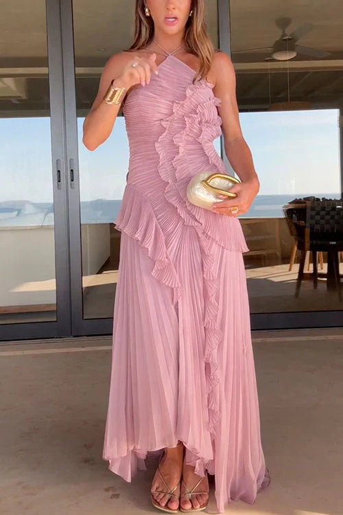 Margot Strappy Halter Neck Ruffle Trim Asymmetric Hem Pleated Maxi Dress