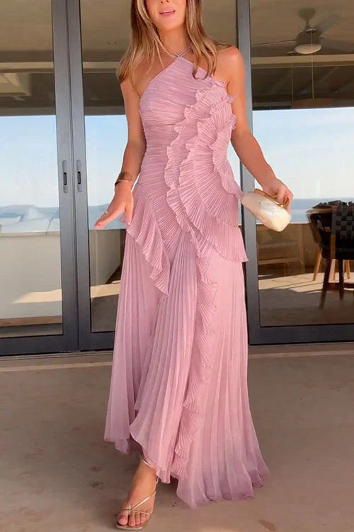 Margot Strappy Halter Neck Ruffle Trim Asymmetric Hem Pleated Maxi Dress