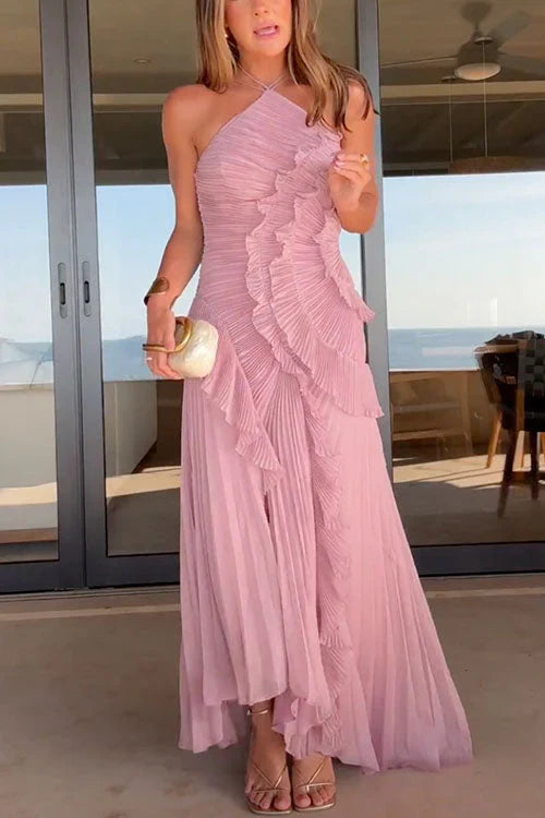 Margot Strappy Halter Neck Ruffle Trim Asymmetric Hem Pleated Maxi Dress